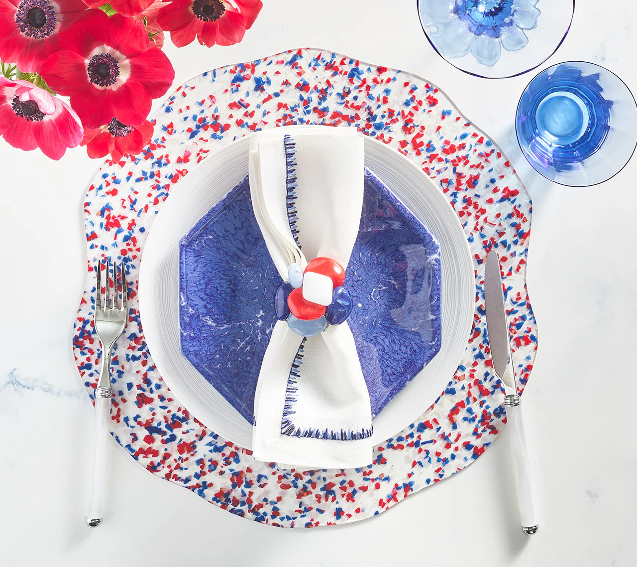 Sea Stone Napkin Ring Set/4 - Red/White/Blue