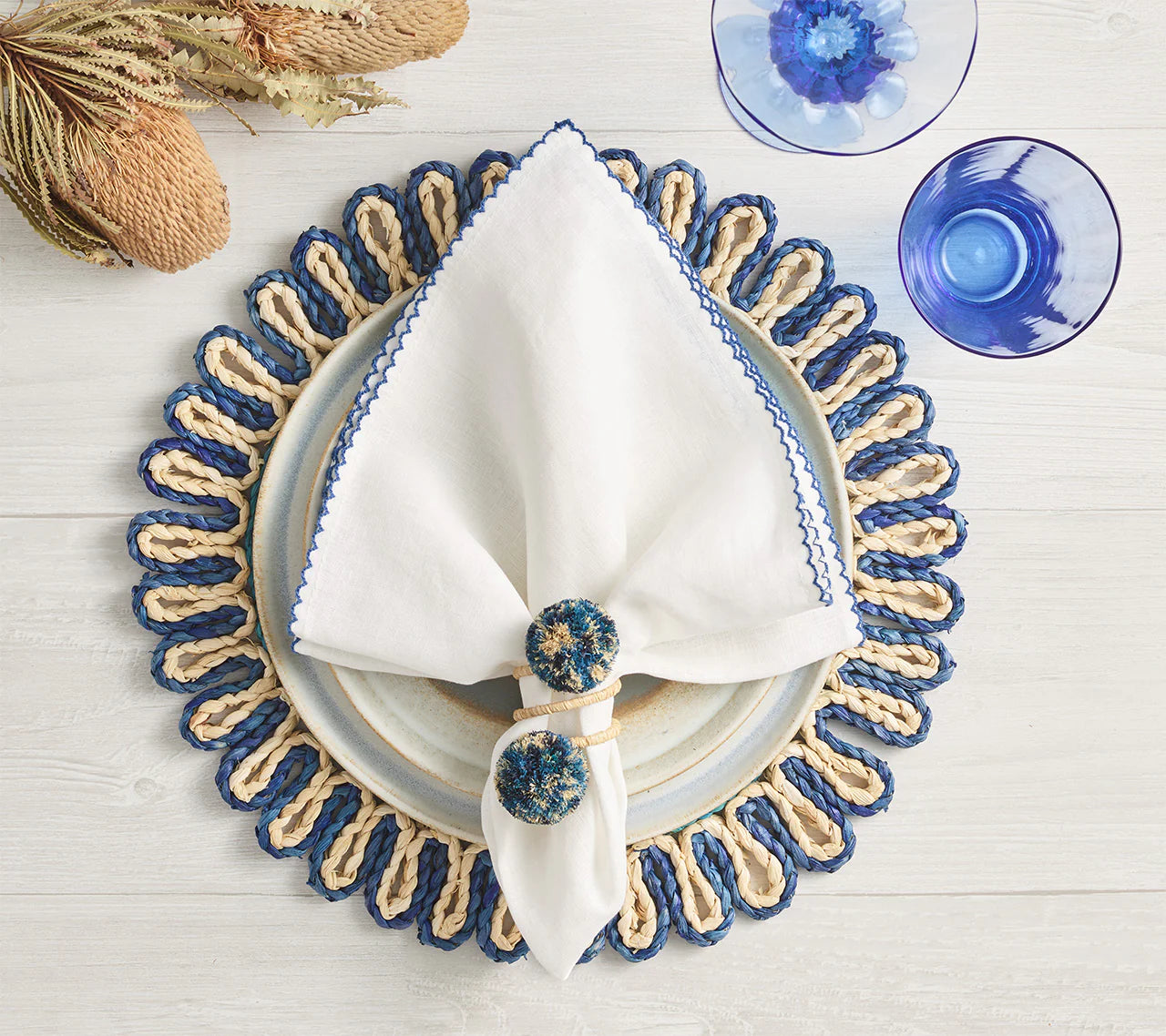 Casbah Napkin Ring Set/4 - Natural & Blue
