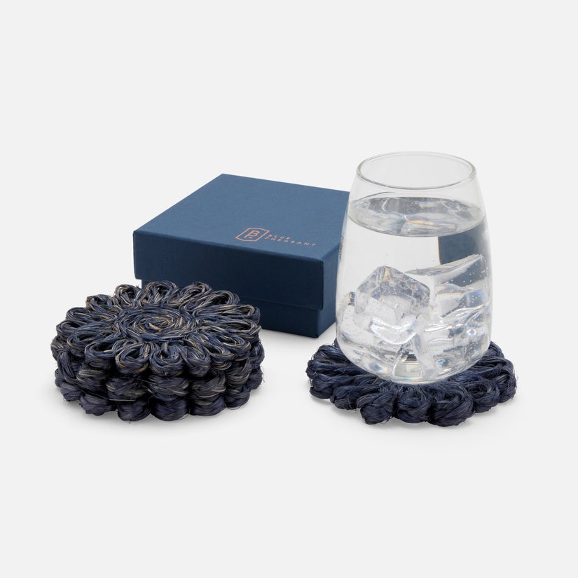 Teigan Abaca Floral Coaster Boxed Set of 4 - Navy