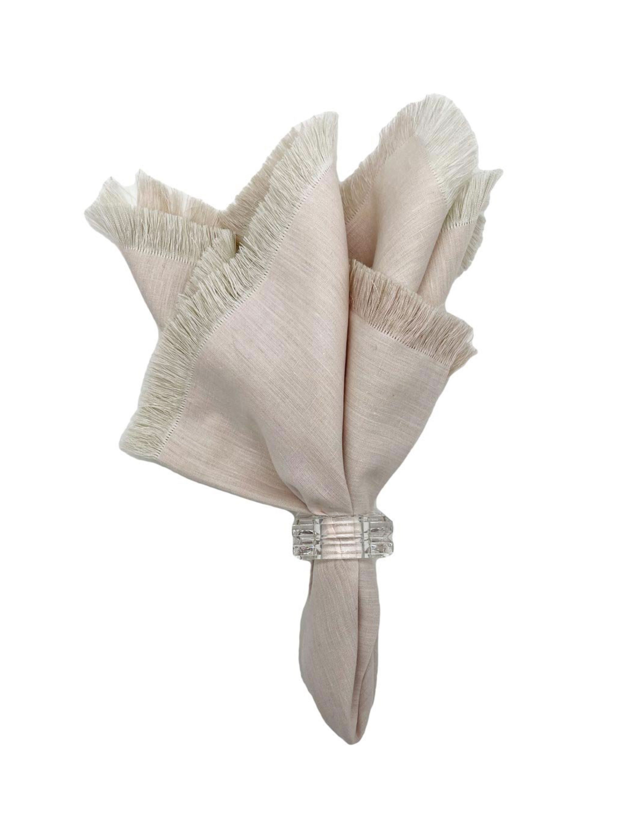 Double Sided Fringe Napkin Set/4 - Soft Pink/White