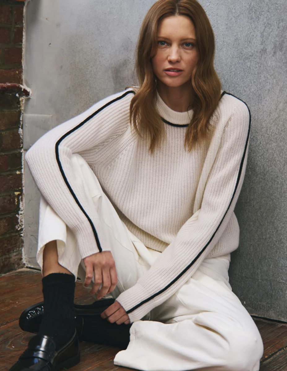 Shaker Crew with Contrast Piping - Chalk