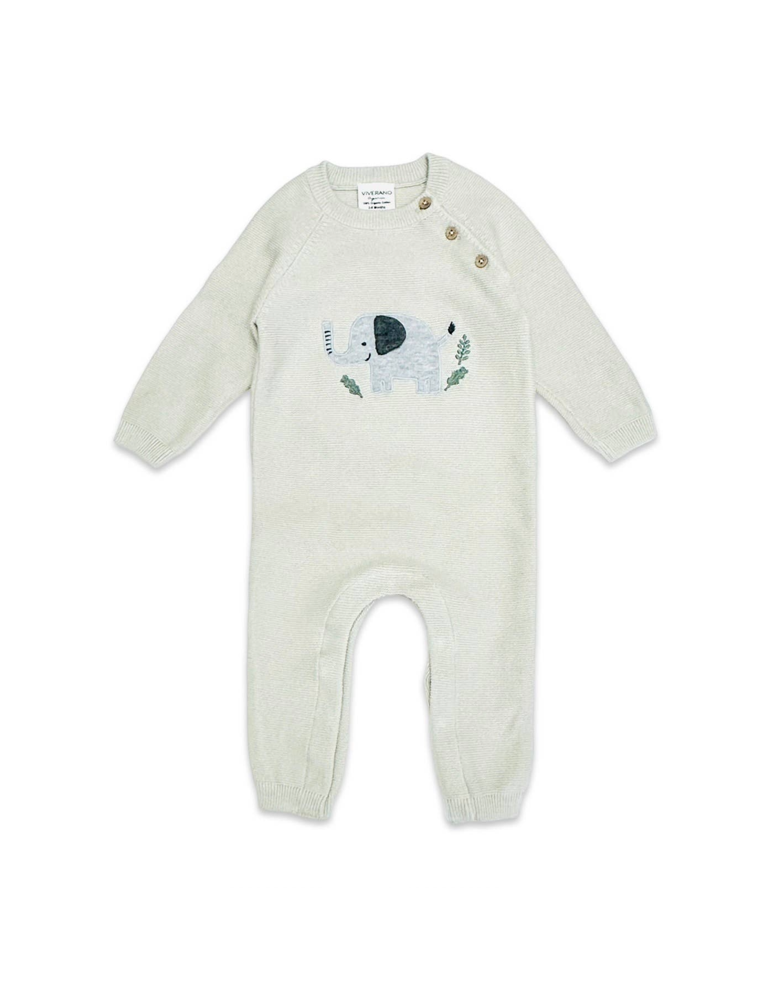 Elephant Jacquard Baby Sweater Knit Jumpsuit - Stone