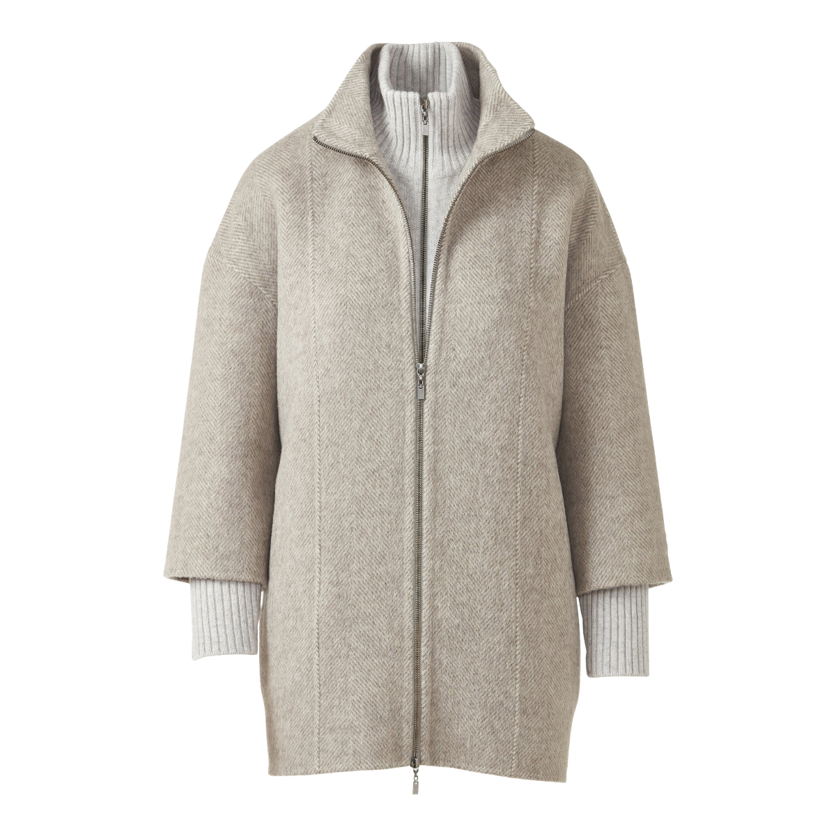 Brushed Herringbone Knit Insert Zip Mock Coat - Taupe