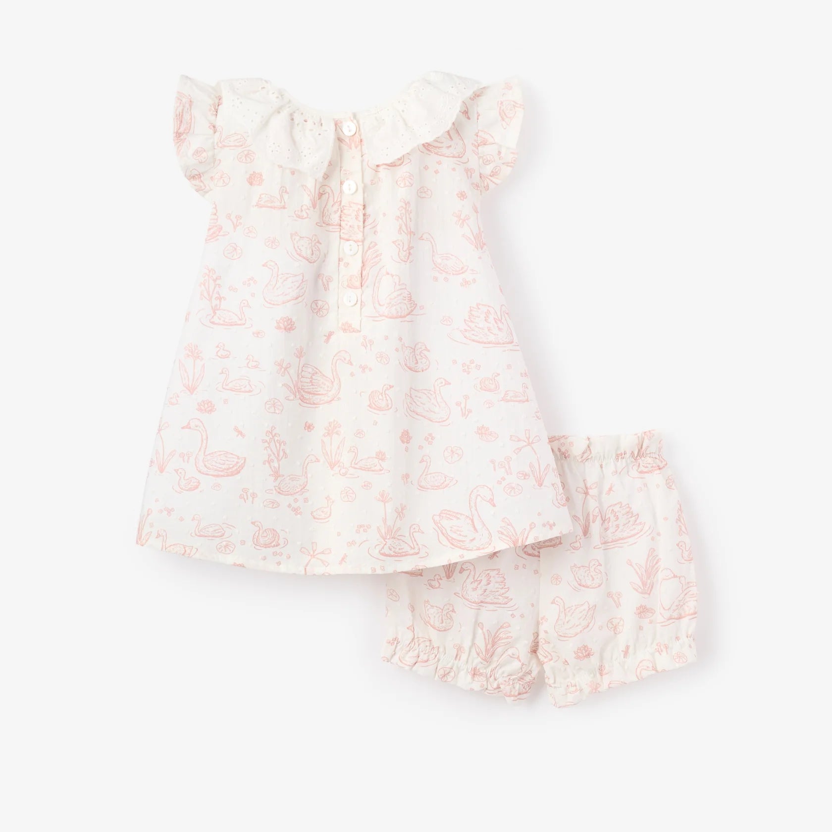 Swan Toile Swiss Dot Dress with Bloomers