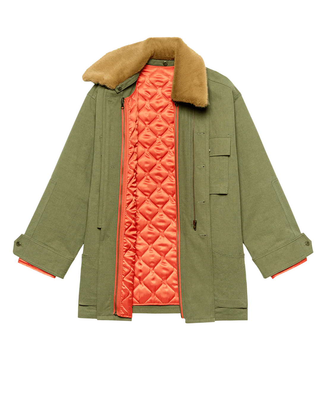The Quilted Liner Parka - Army with Hot Orange