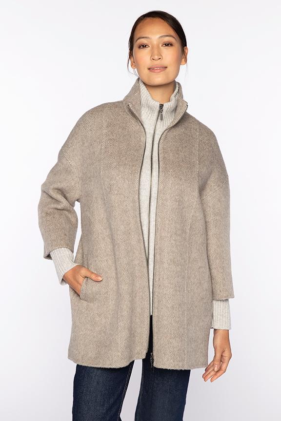 Brushed Herringbone Knit Insert Zip Mock Coat - Taupe