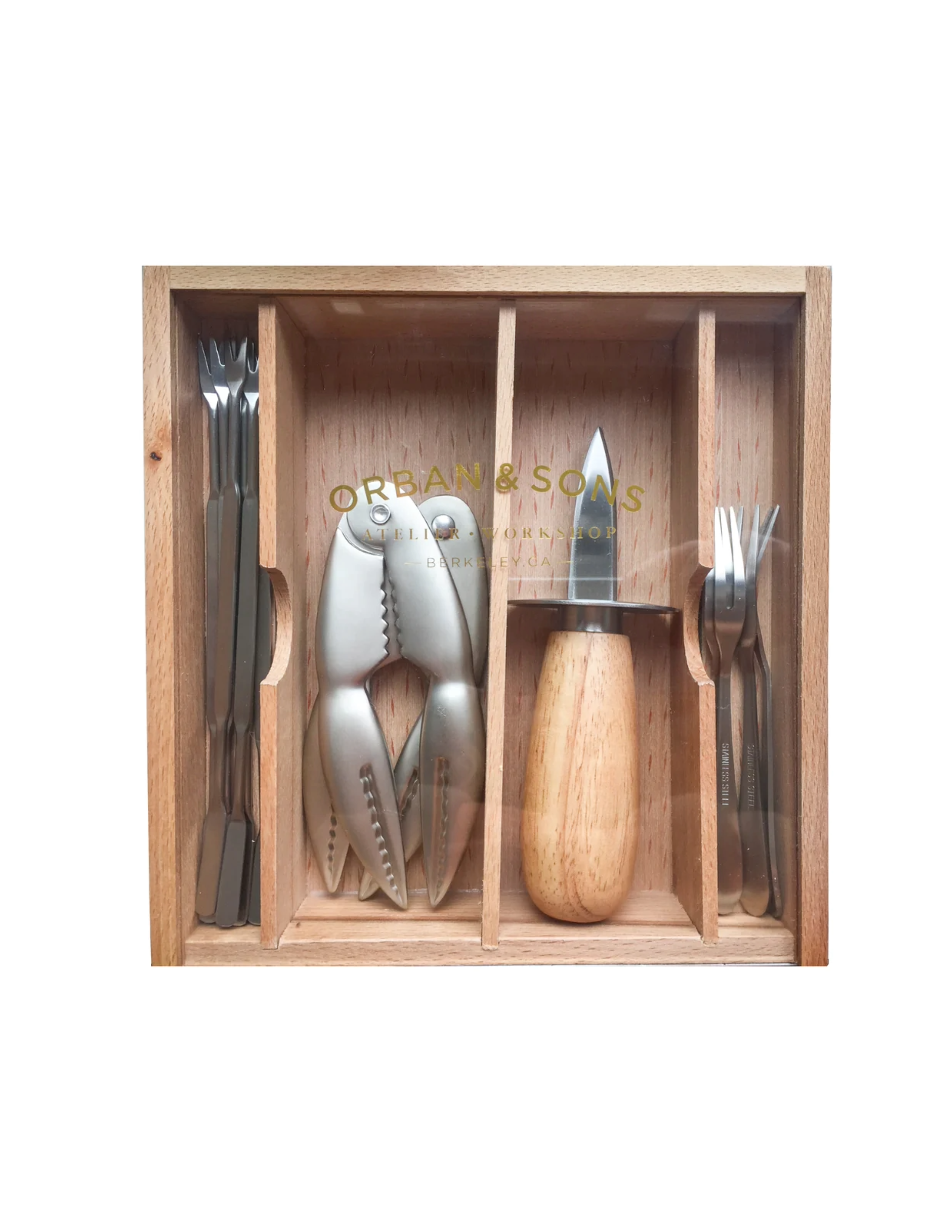 Orban & Sons Seafood Set with Cracker in Wooden Box with Acrylic Lid