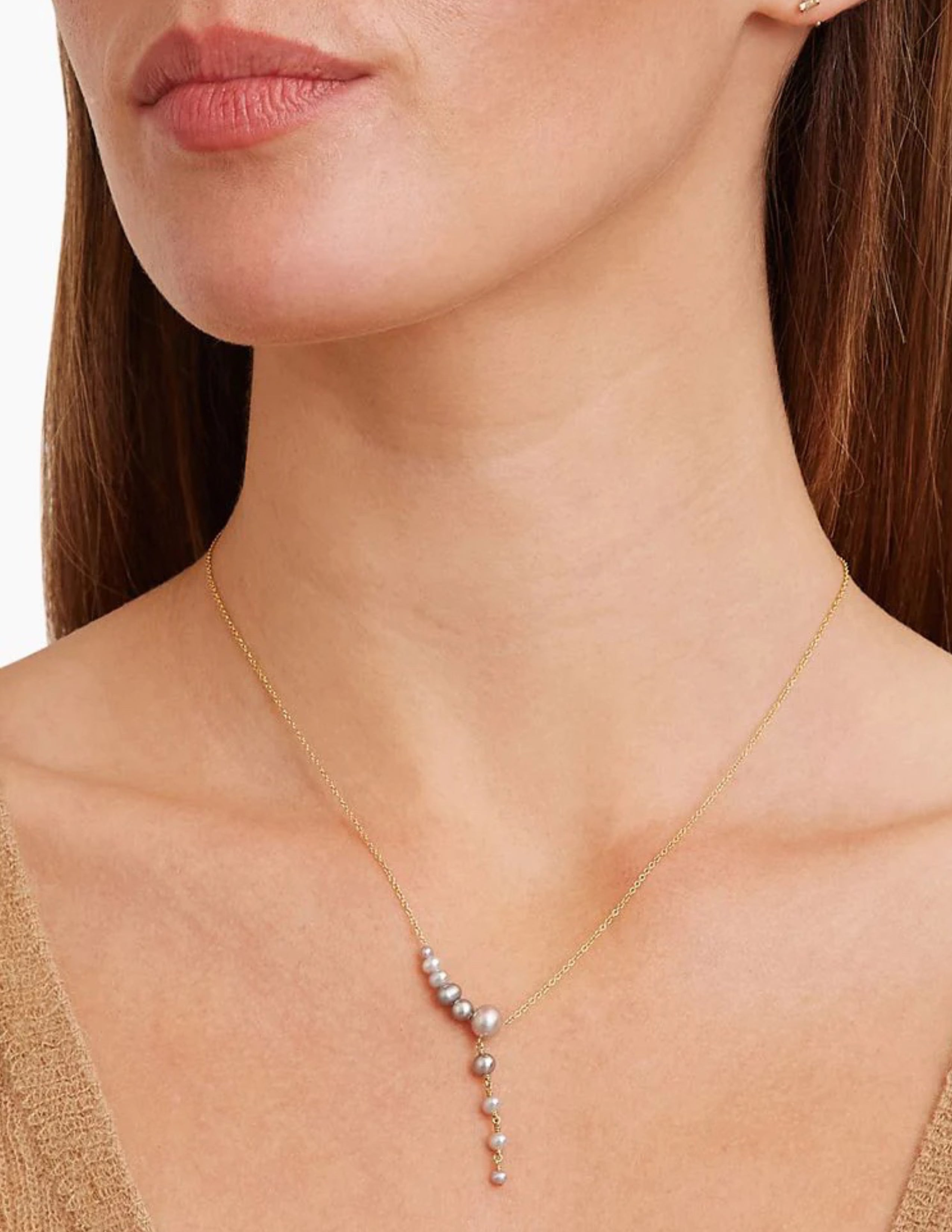 Graduated Grey Pearl Gold Lariat Necklace