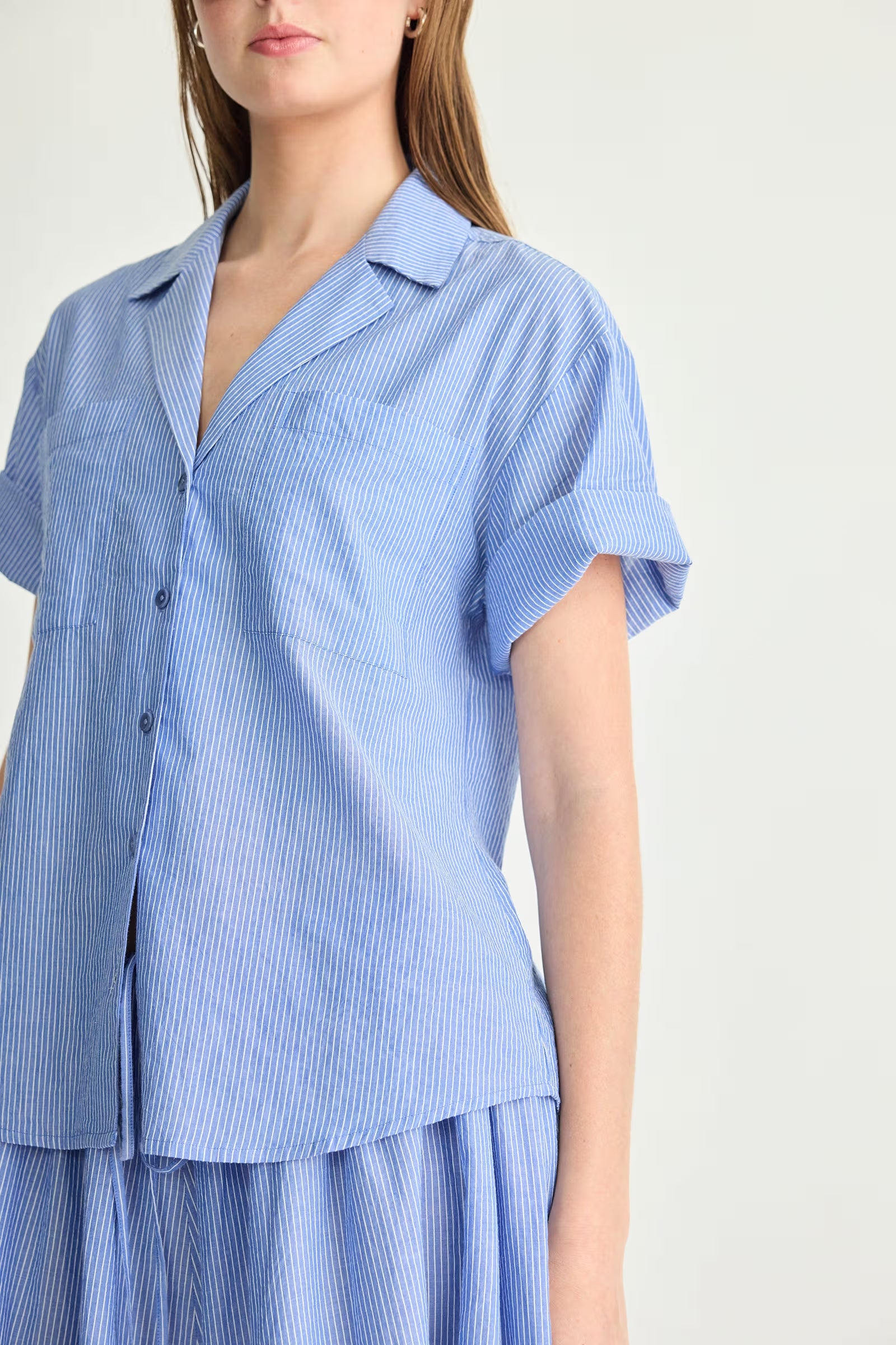 Valenti Button Up - Microstripe Blue & Cream