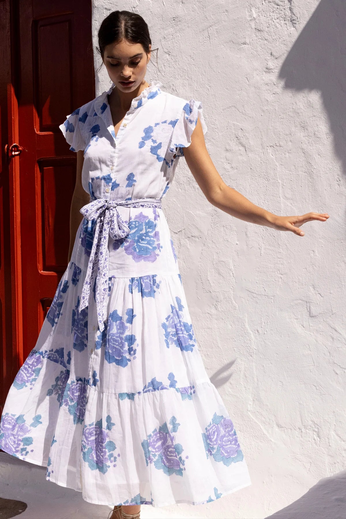 Ruffled Collar Button Maxi - Blue Portofino