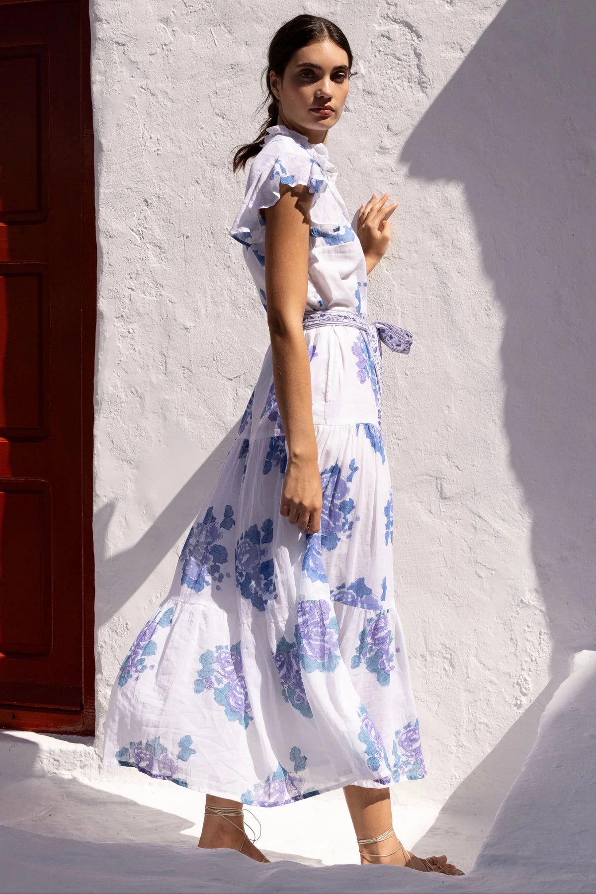 Ruffled Collar Button Maxi - Blue Portofino