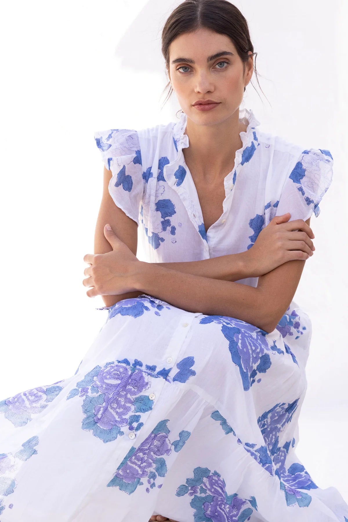 Ruffled Collar Button Maxi - Blue Portofino