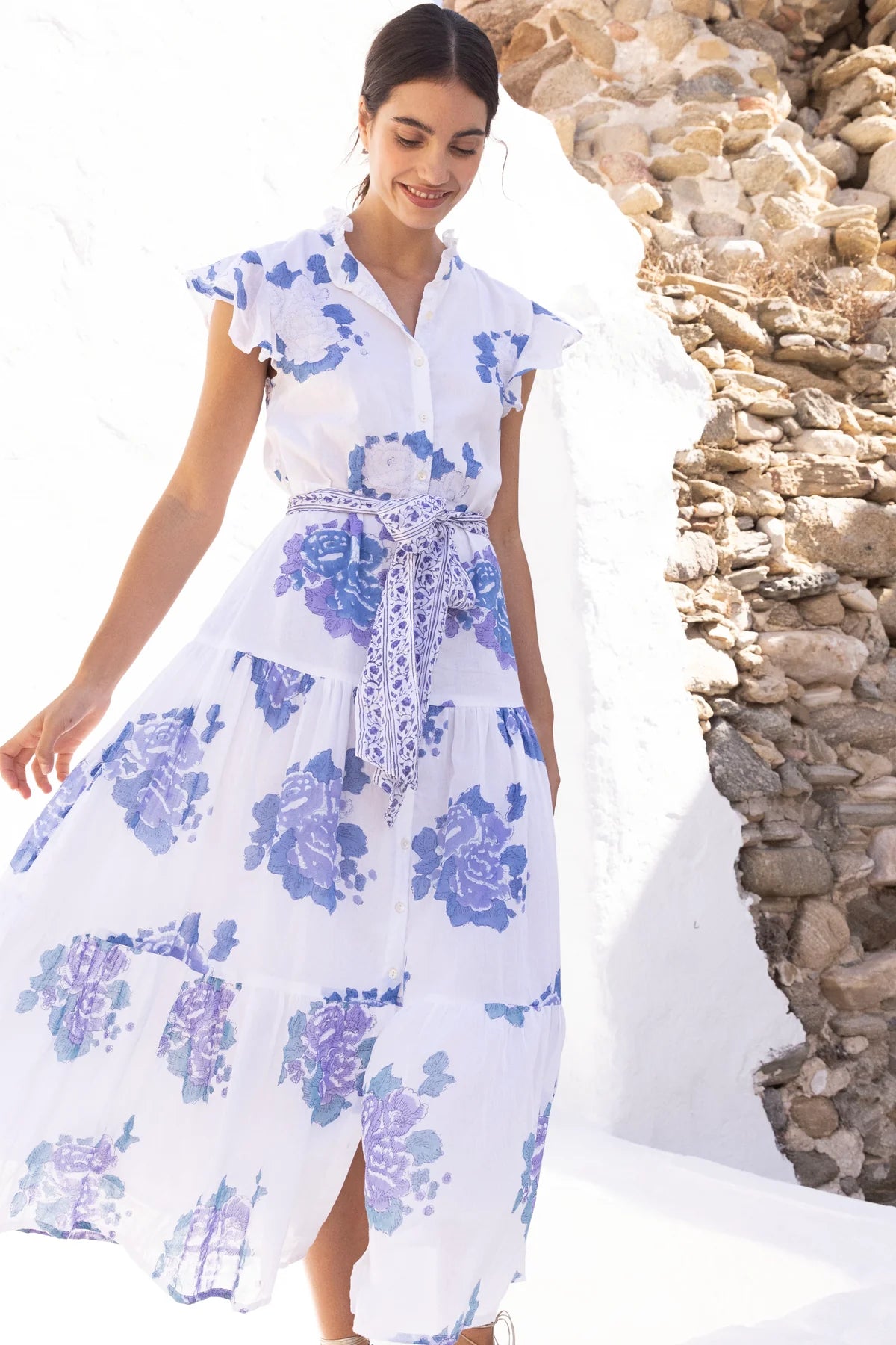 Ruffled Collar Button Maxi - Blue Portofino