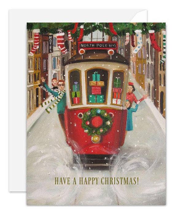 JANET HILL STUDIO - The Peppermint Family Christmas Trolley Card