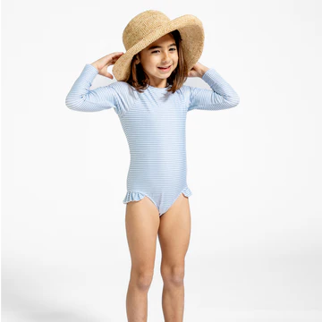 Girls Powder Blue Stripe Rashguard One Piece