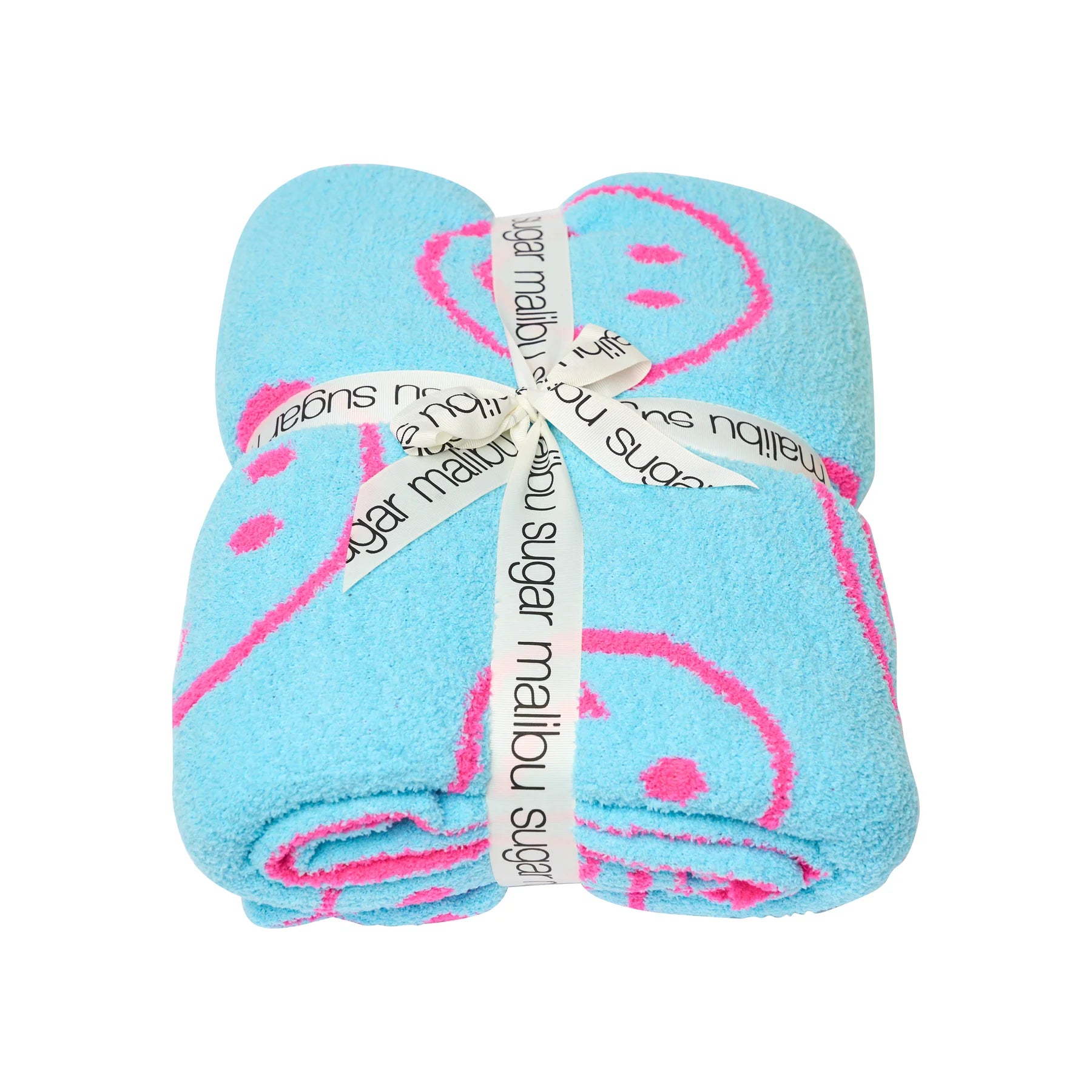 Smiley Face Plush Blanket - Neon Fuschia/New Sky Blue