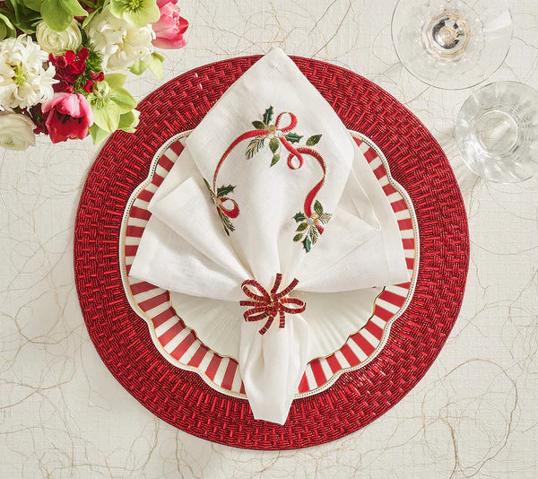 Xmas Ribbon Napkin Set/4 - White, Red & Green