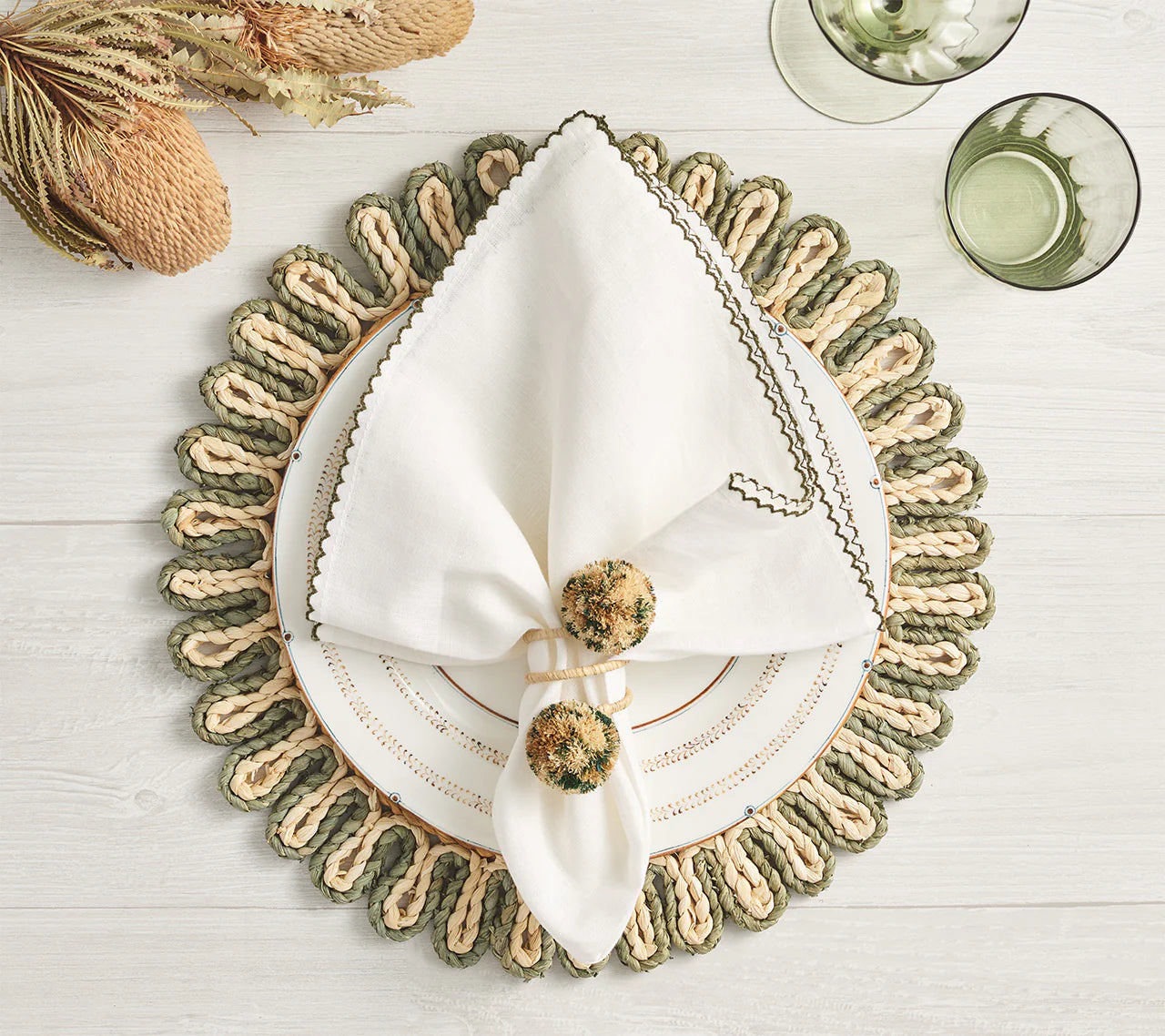 Casbah Napkin Ring Set/4 - Natural & Green