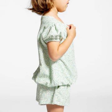 Girls Hibiscus Ditsy Floral French Terry Puff Sleeve Short Set