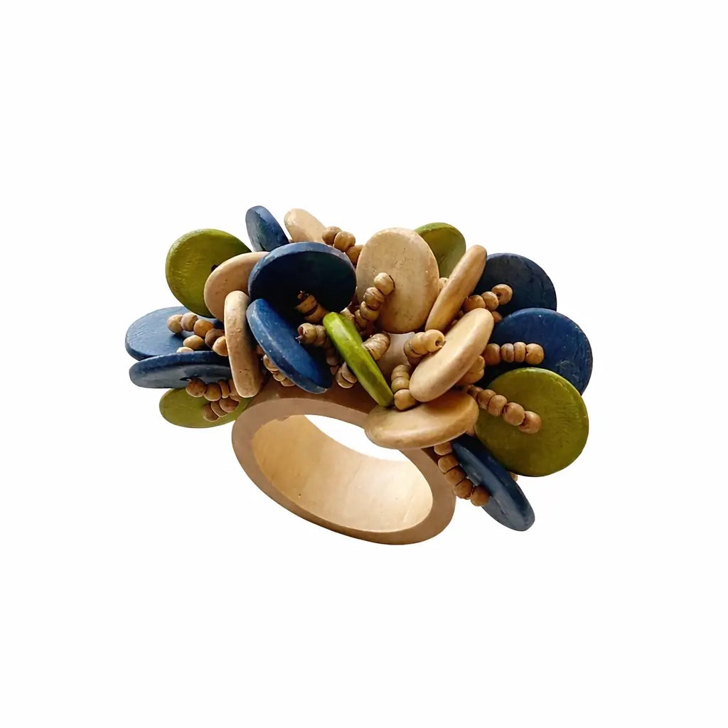 Wood Coin Beads Napkin Ring Set of 4 - Blue