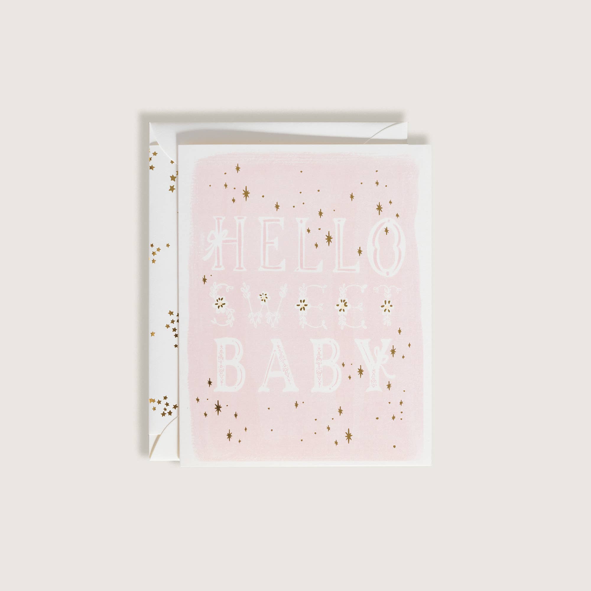 The First Snow - Hello Sweet Baby Pink w Gold Letters Baby Greeting Card