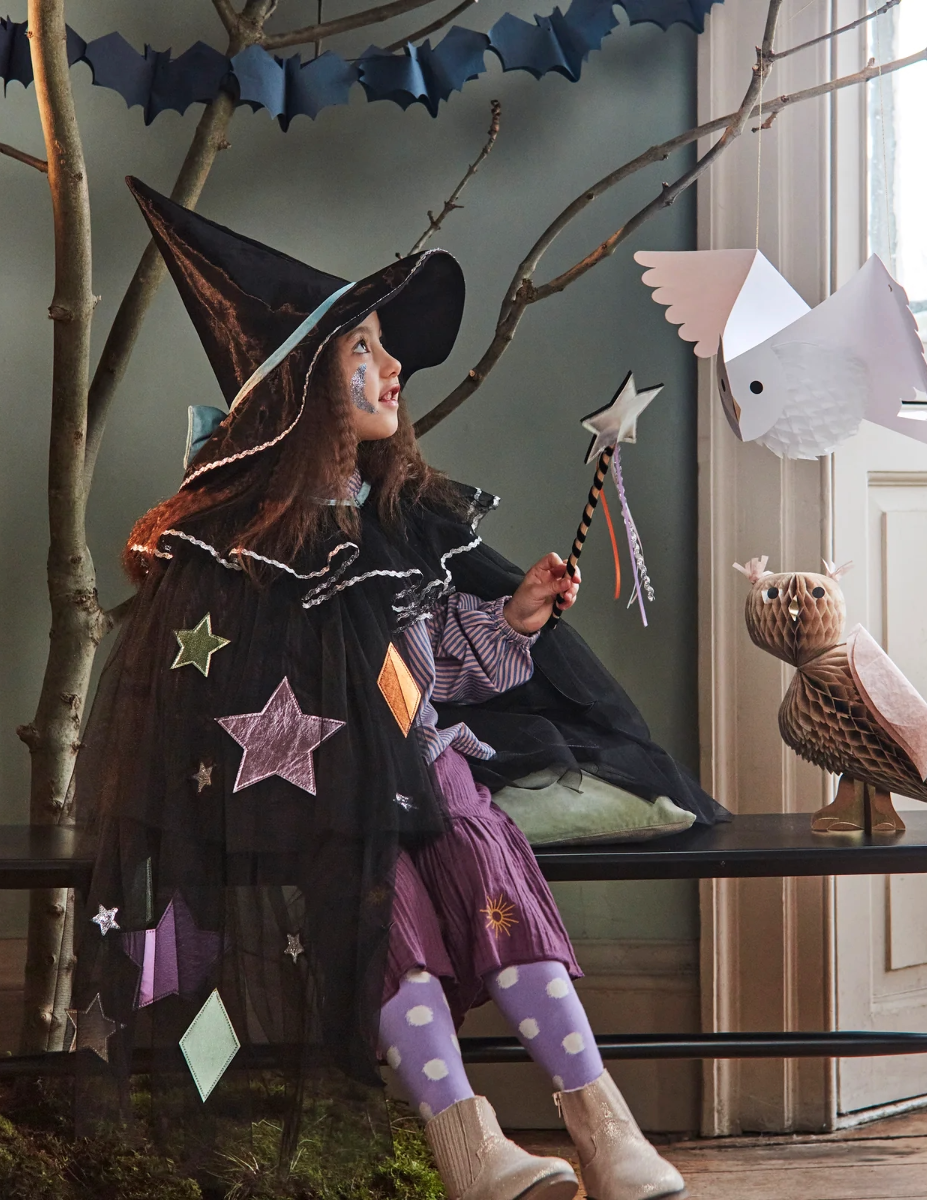 Tulle Appliqué Witch Hat, Cape and Wand