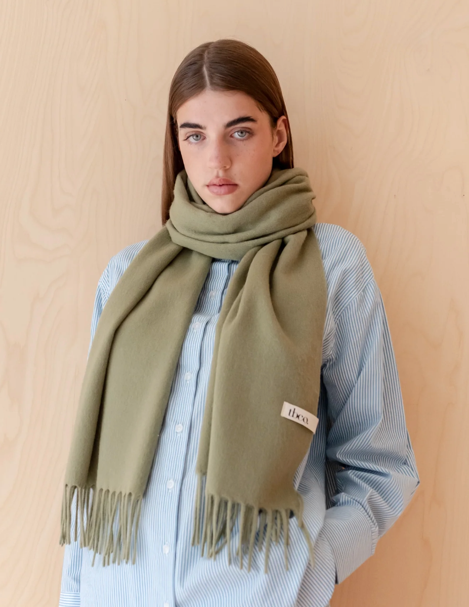 Lambswool Oversized  Scarf Fringed Edge - Olive