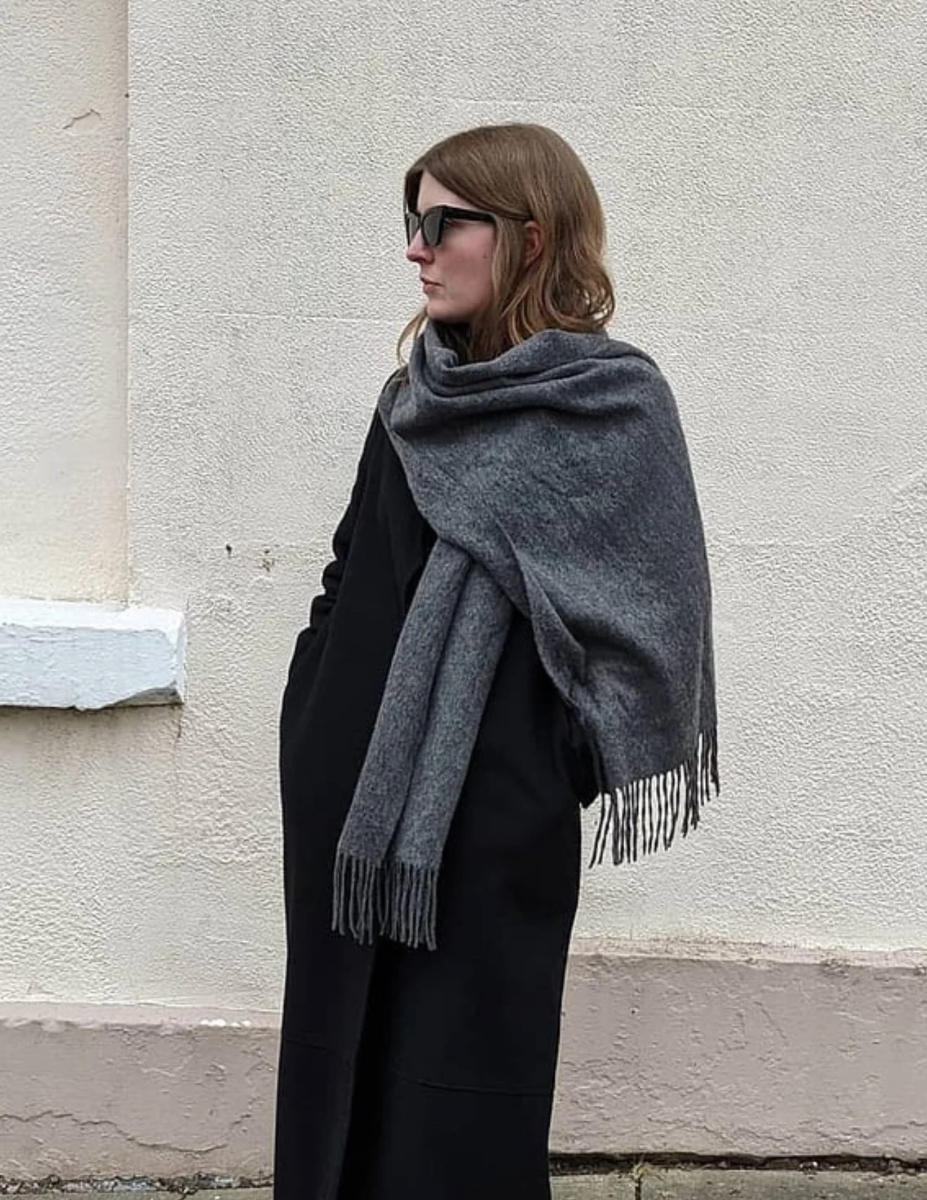 Lambswool Oversized Scarf Fringed Edge - Charcoal Melange