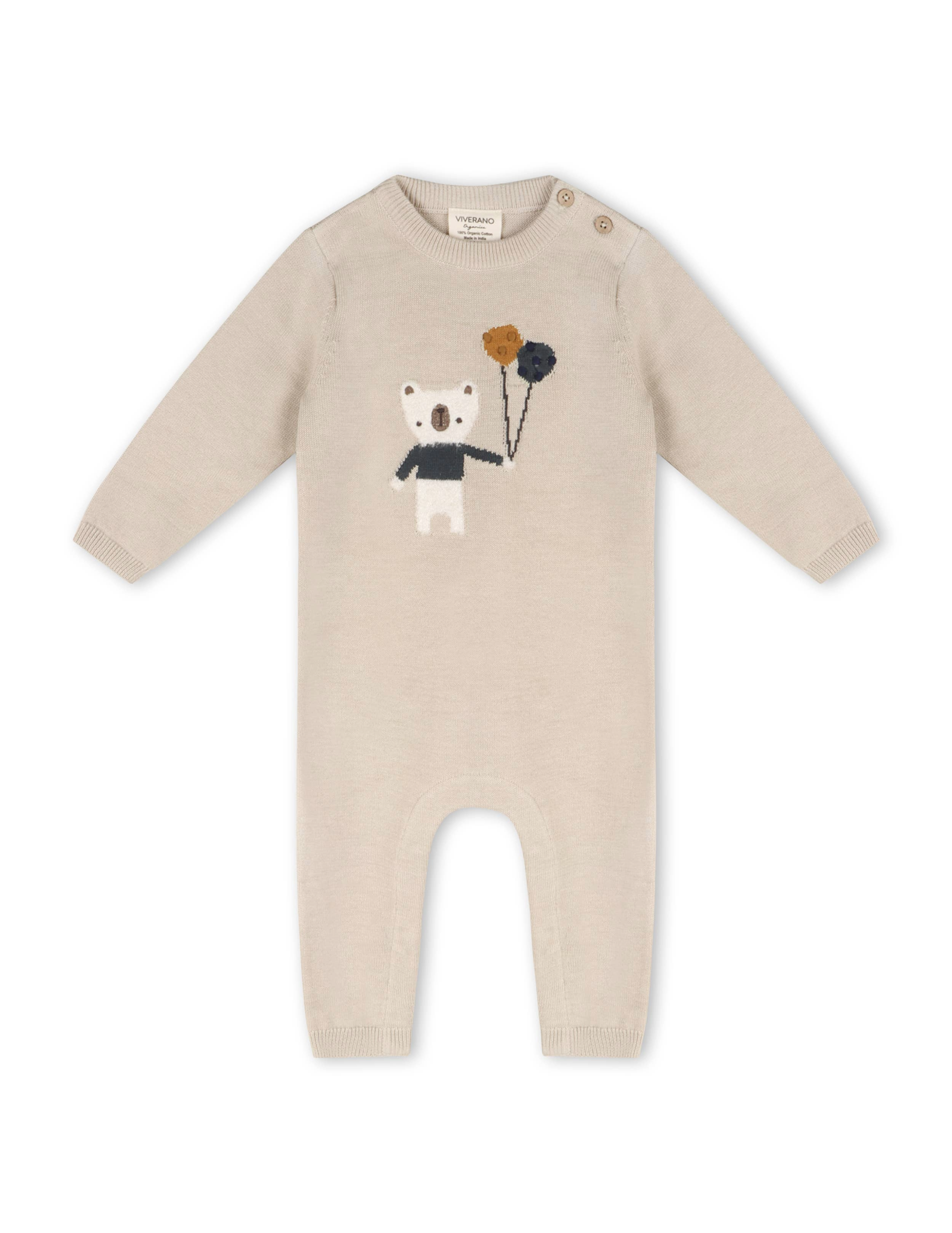 Balloon Bear Jacquard Baby Sweater Knit Jumpsuit - Stone