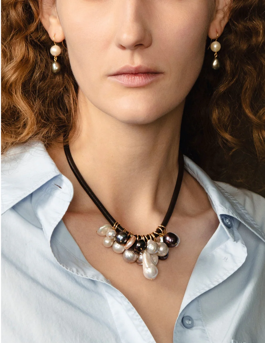 Leah Leather Collar Necklace - Pearl