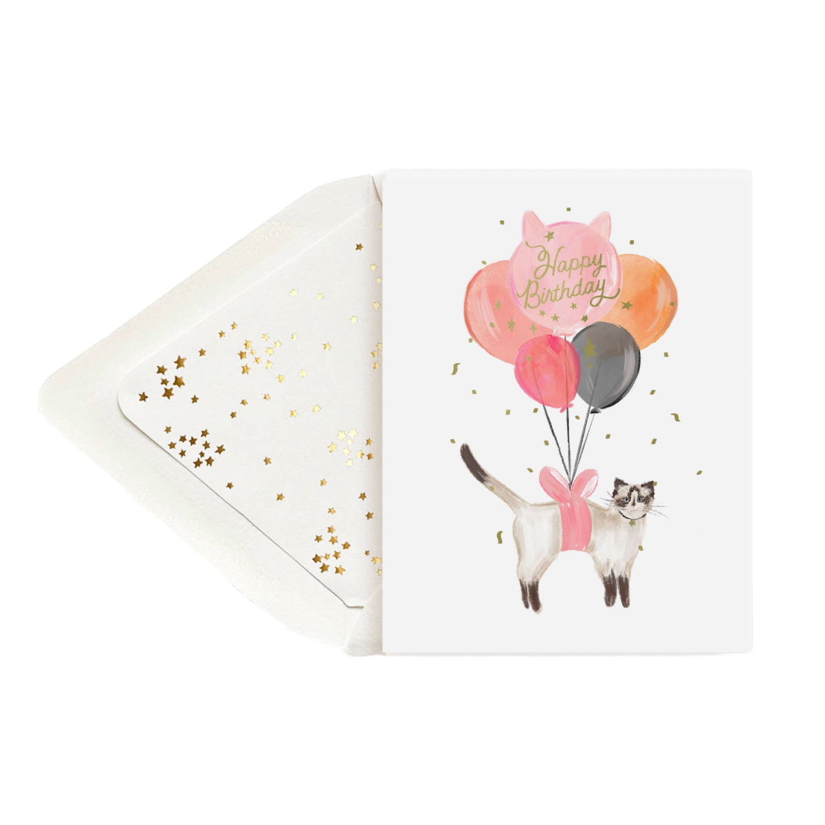 Happy Birthday Balloon Cat with Gold Confetti Card