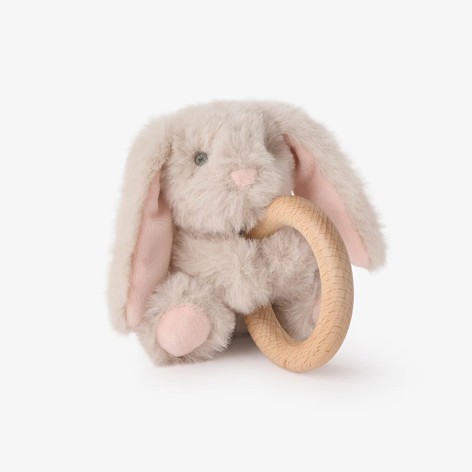 Plush Wooden Ring Rattle - Taupe Bunny