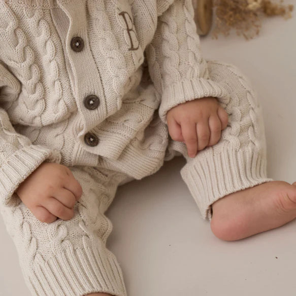 Horseshoe Cable Knit Baby Jumpsuit - Rainy Day