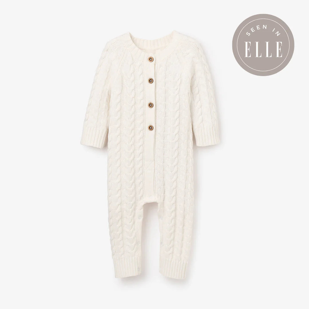 Horseshoe Cable Knit Baby Jumpsuit - Whisper White