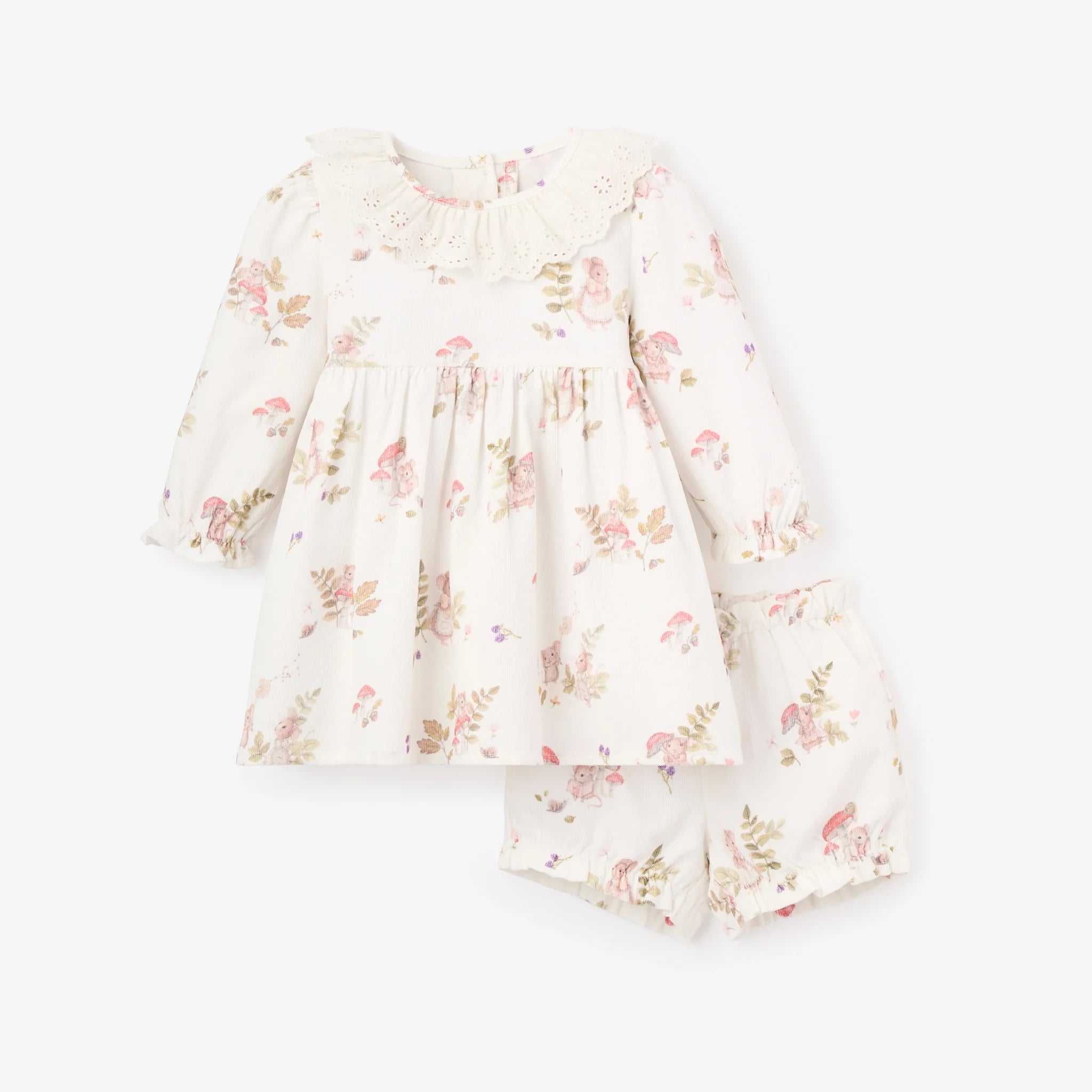 Magical Mouse Print Mini Cord Lace Collar Dress + Bloomer Set