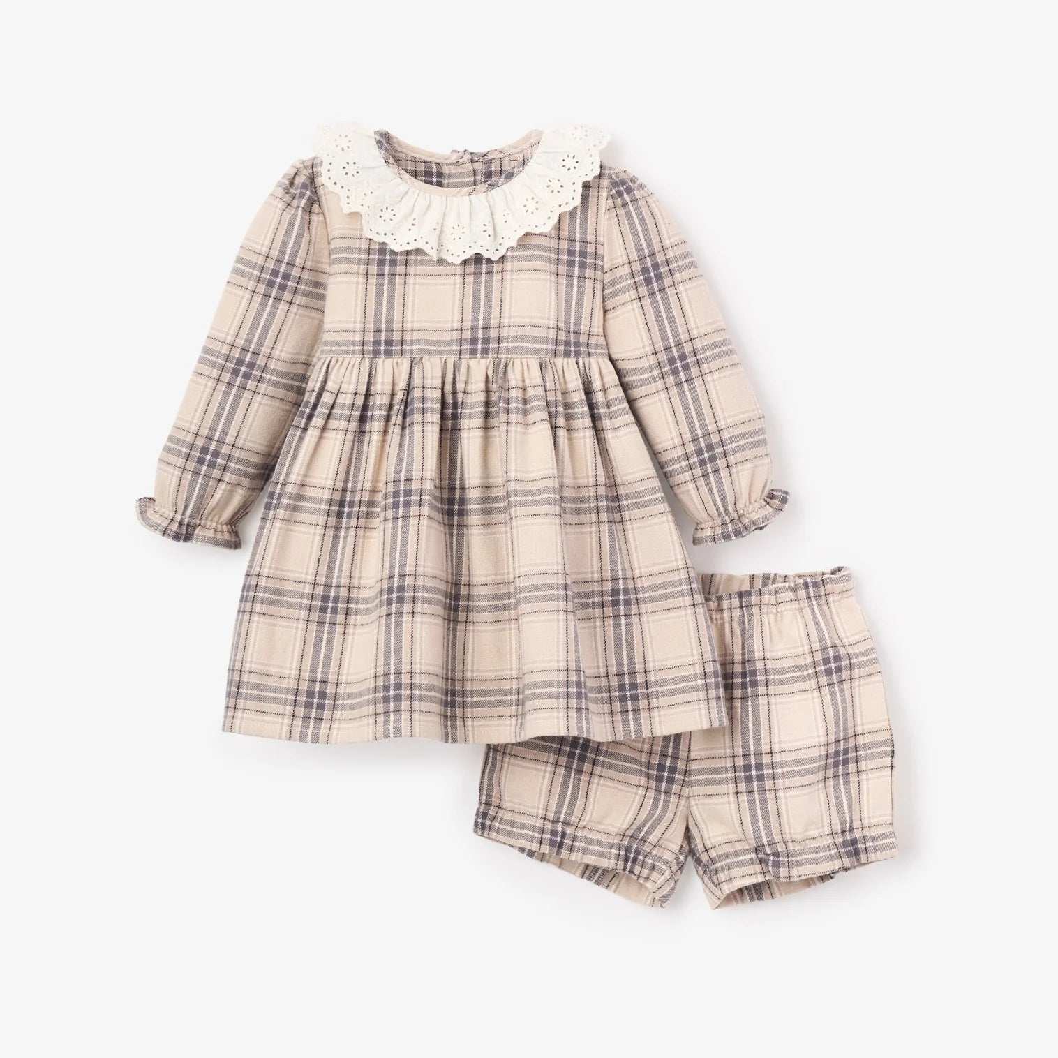 Neutral Plaid Eyelet Collard Dress + Bloomer
