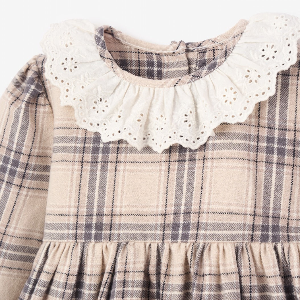 Neutral Plaid Eyelet Collard Dress + Bloomer