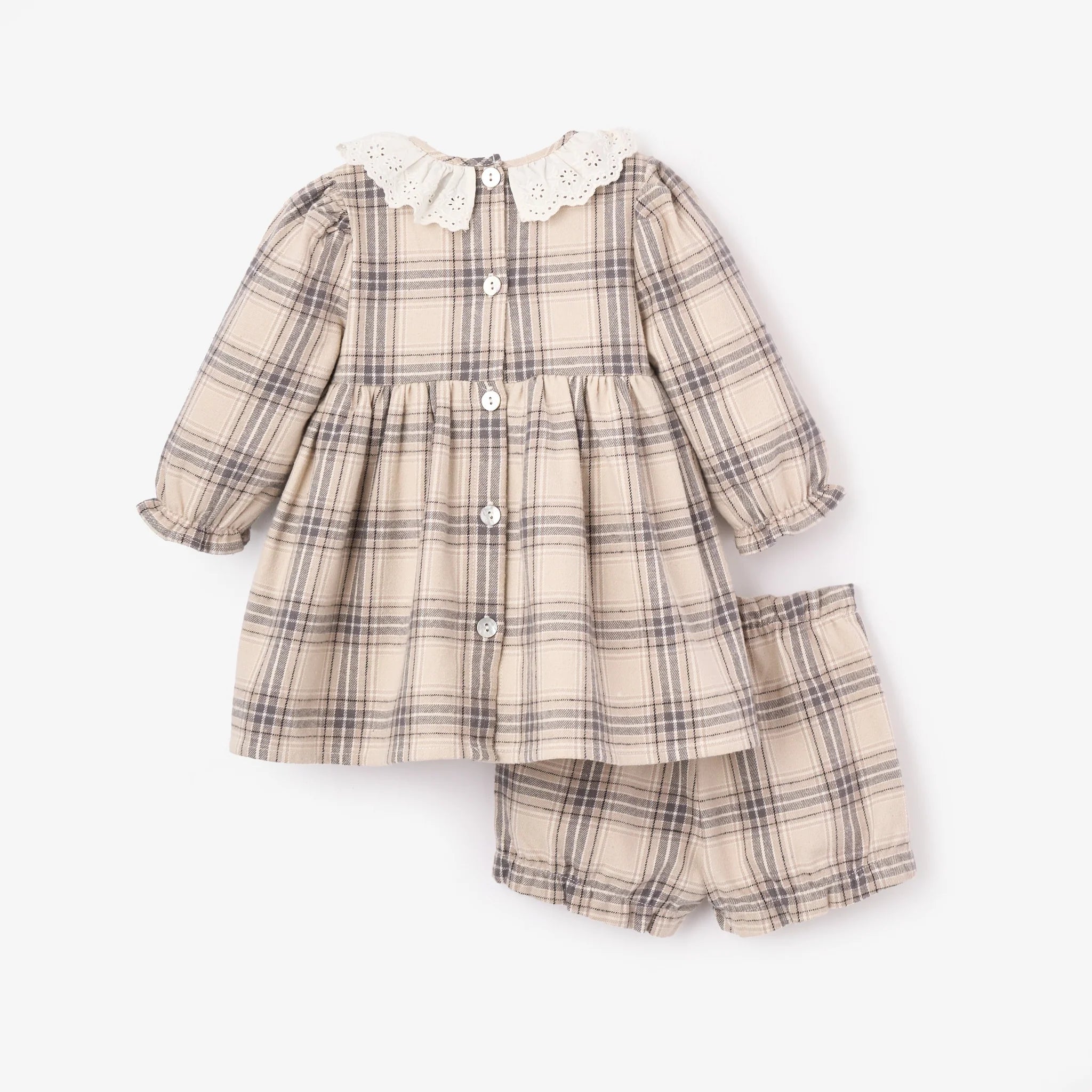Neutral Plaid Eyelet Collard Dress + Bloomer