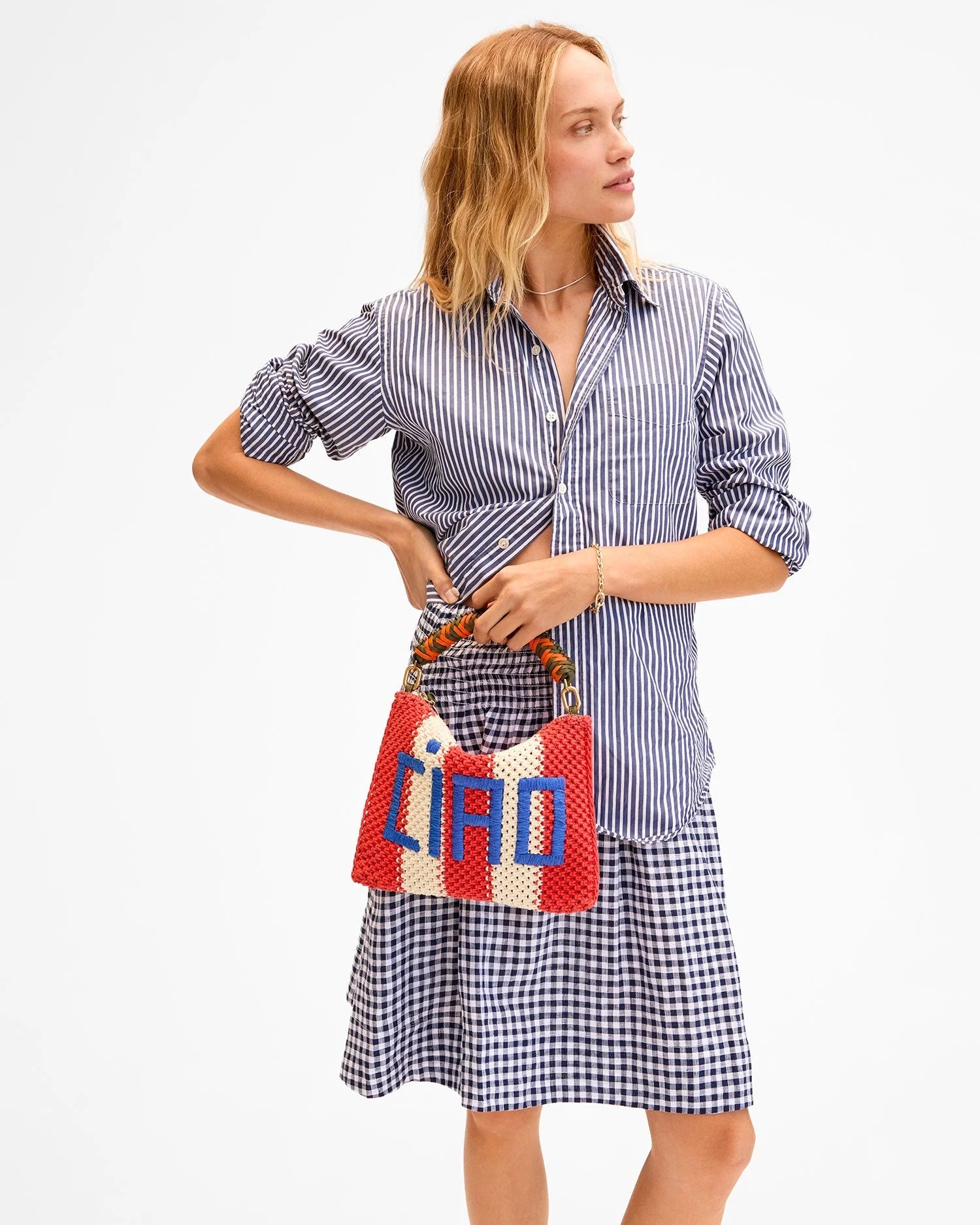 Flat Clutch with Tabs - Cream/Bright Poppy Crochet Stripe w/ Ciao