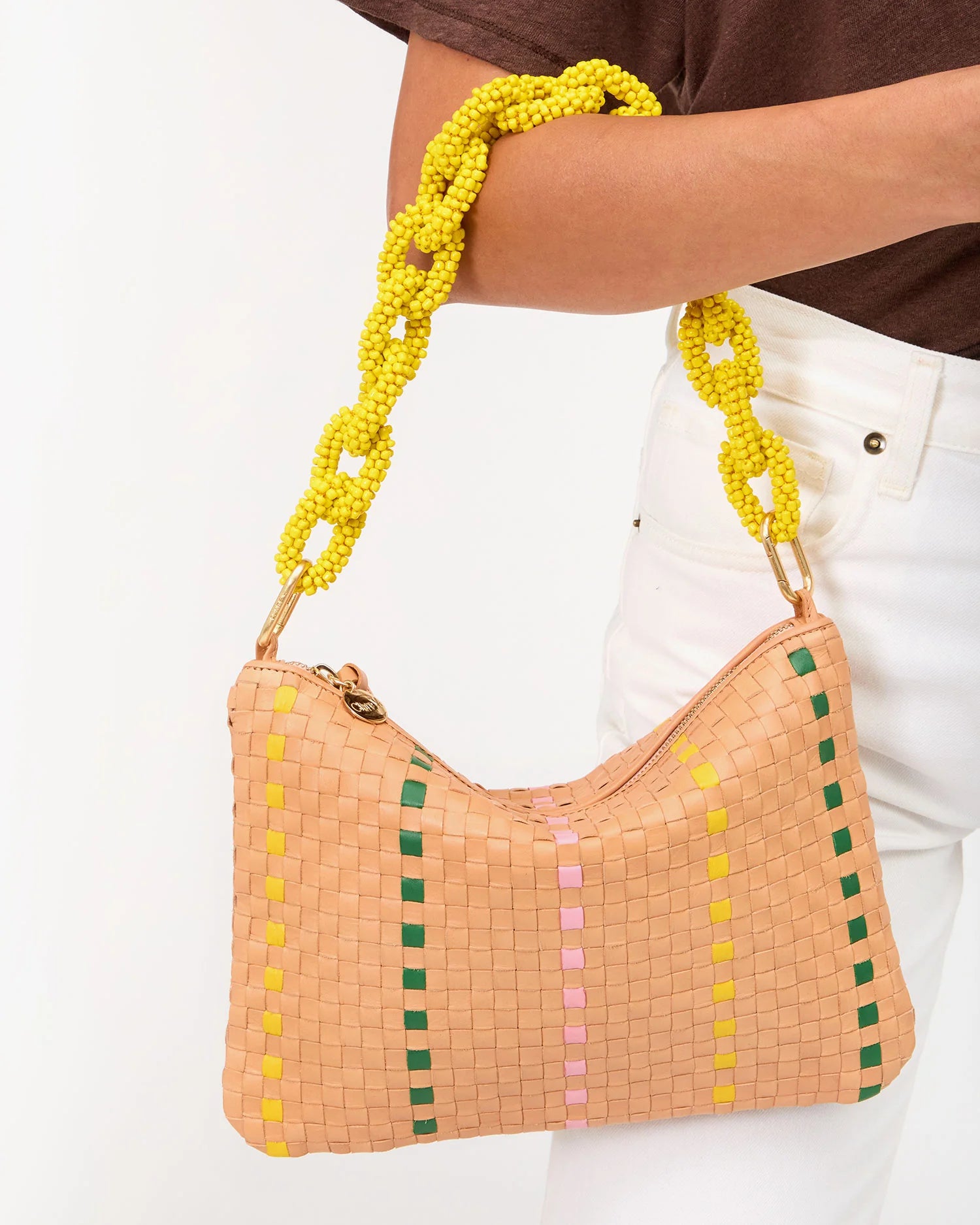 Flat Clutch with Tabs - Bisque Woven Checker w/ Stripe