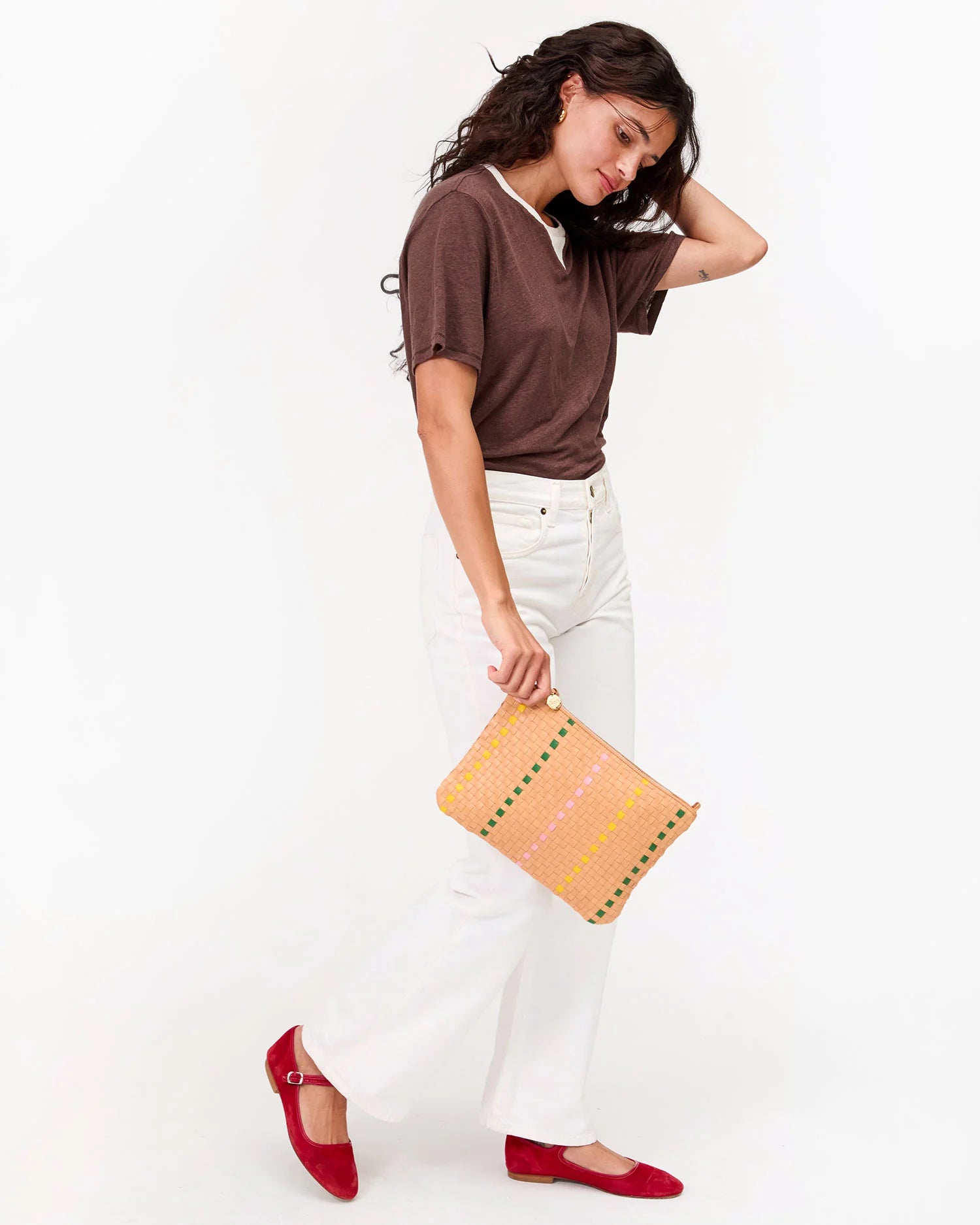 Flat Clutch with Tabs - Bisque Woven Checker w/ Stripe