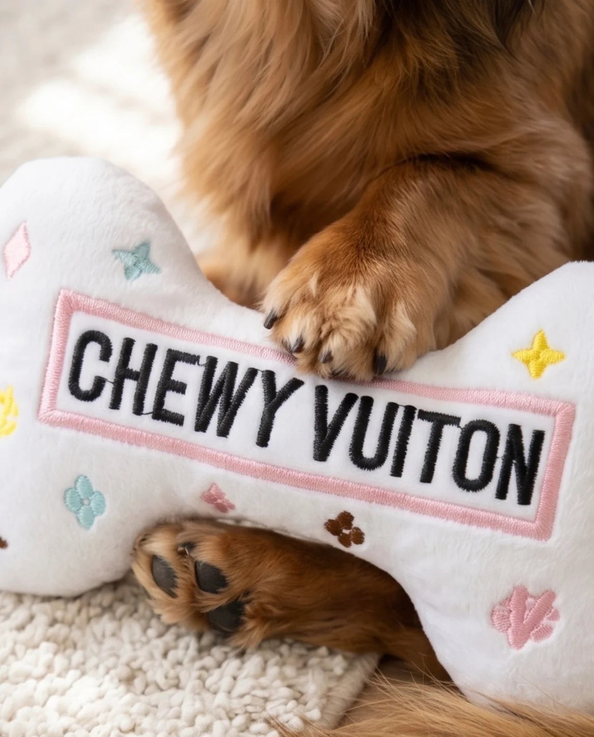 White Chewy Vuiton Bones Squeaker Dog Toy