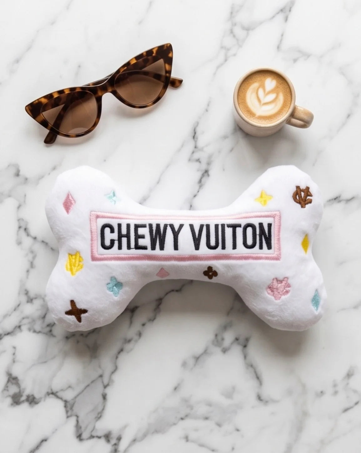 White Chewy Vuiton Bones Squeaker Dog Toy