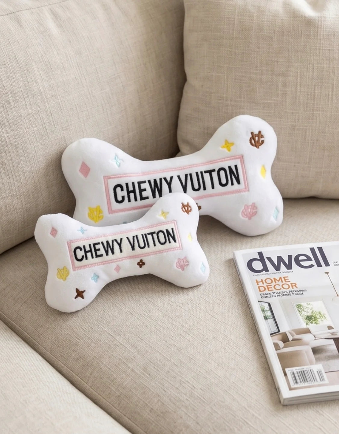 White Chewy Vuiton Bones Squeaker Dog Toy