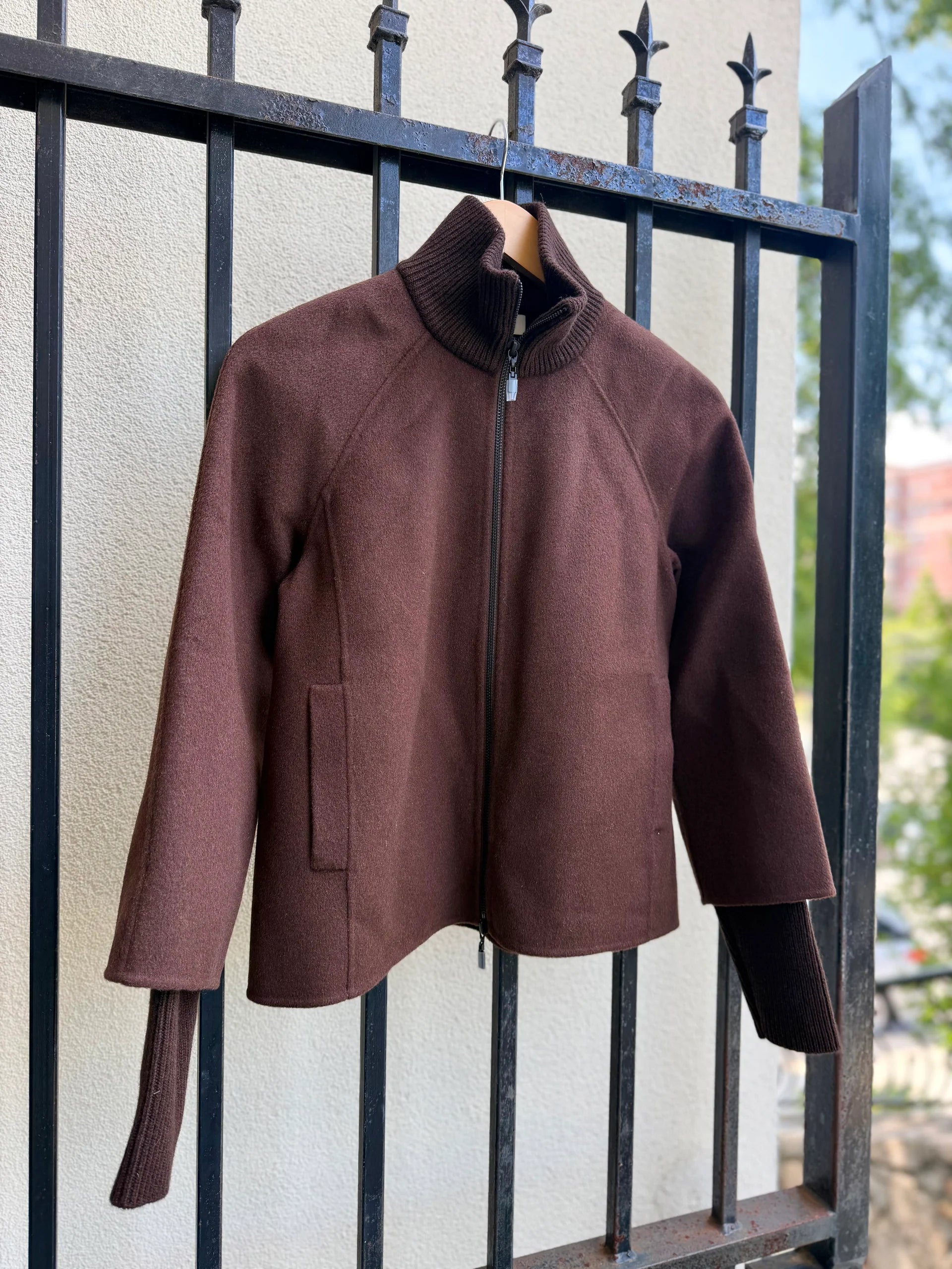 Classic Knit Trim Zip Mock Coat - Chocolate