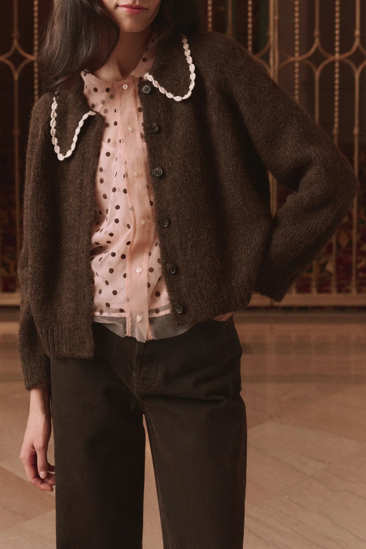 The Crochet Collar Cardigan - Chocolate Brown