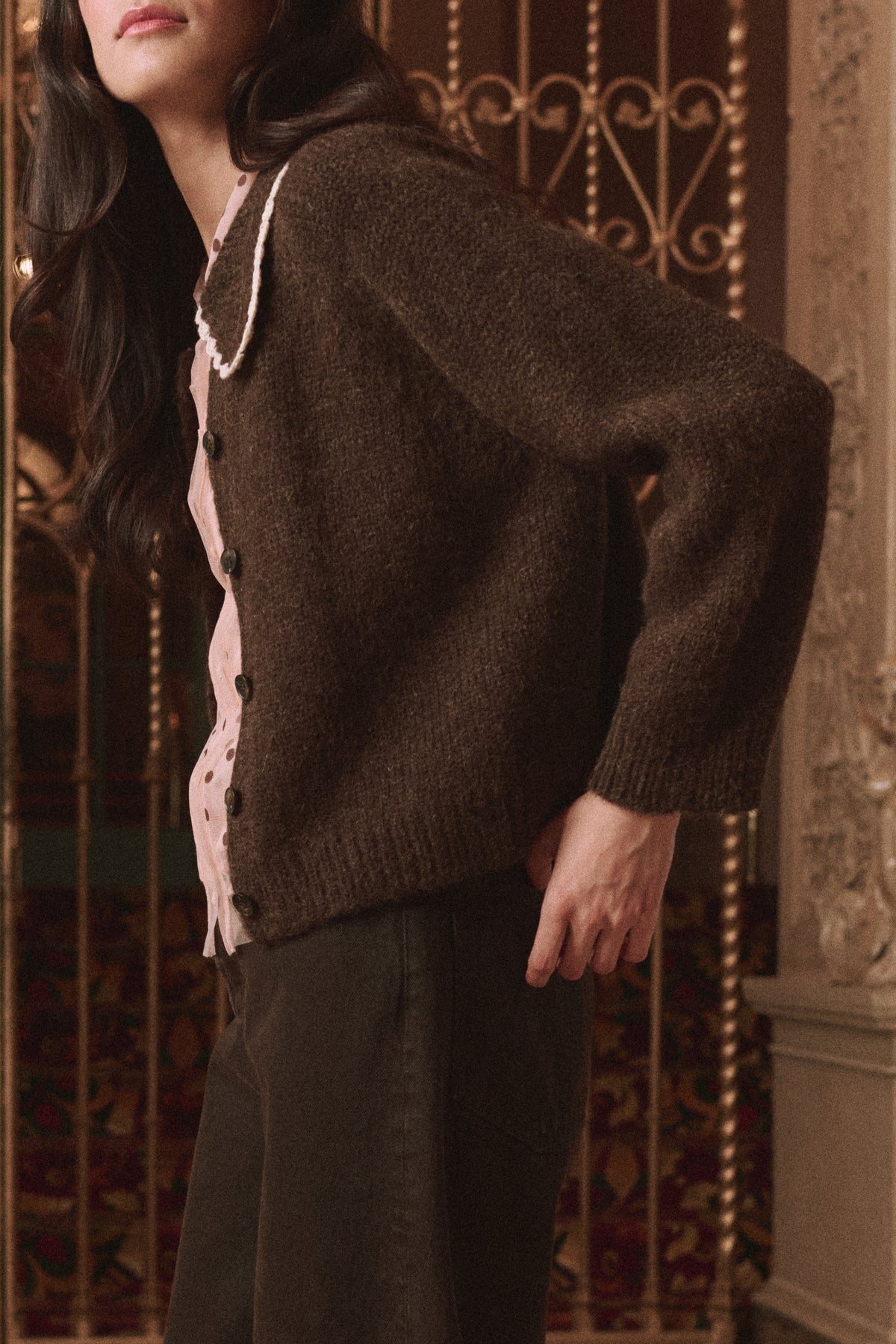 The Crochet Collar Cardigan - Chocolate Brown