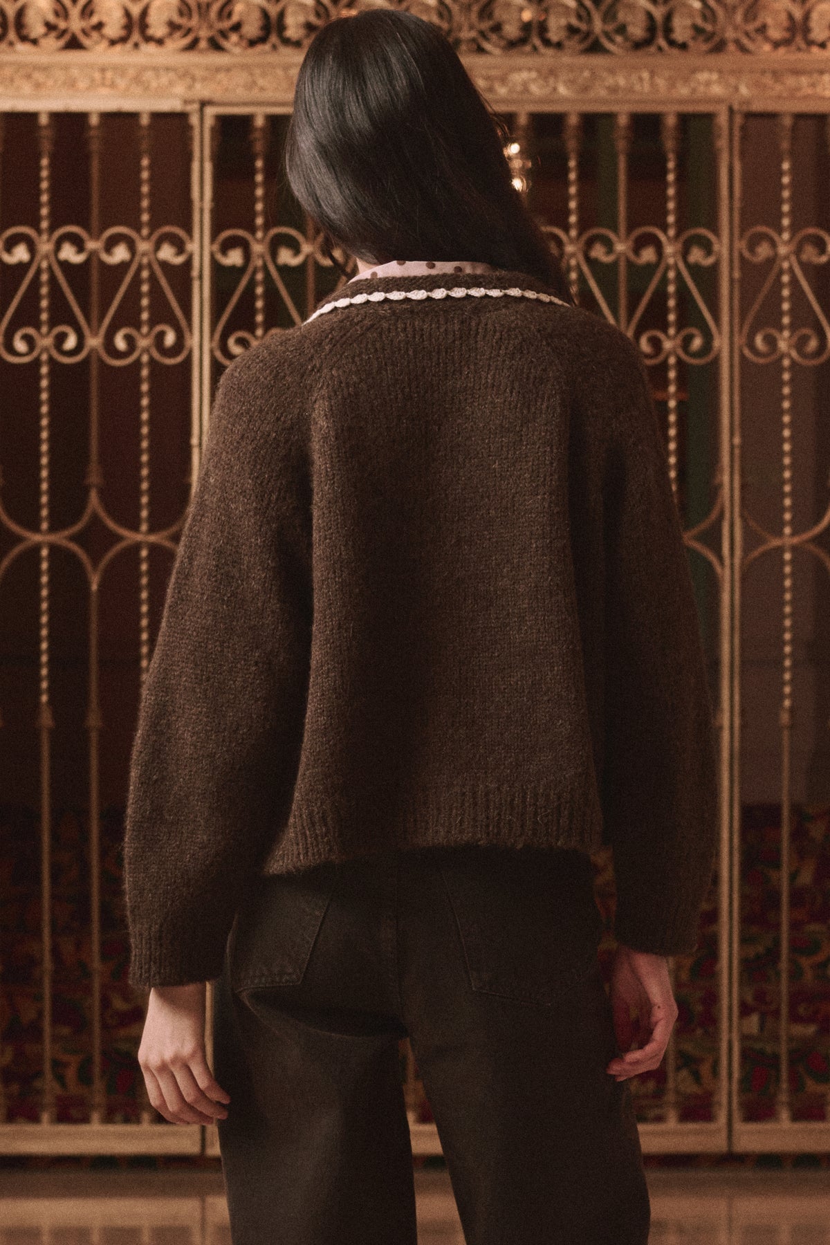 The Crochet Collar Cardigan - Chocolate Brown