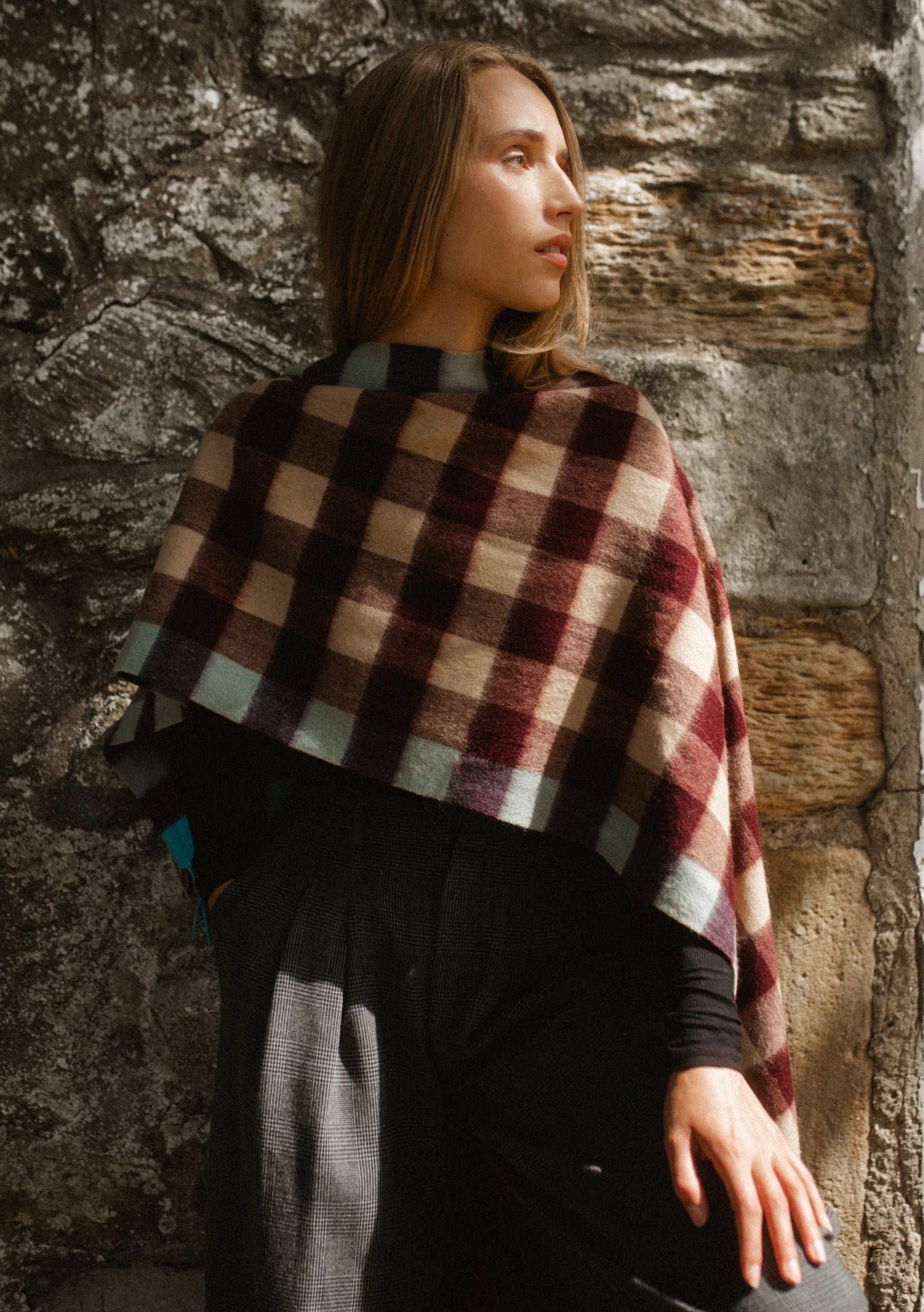 Lambswool Oversized Scarf - Camel Gingham