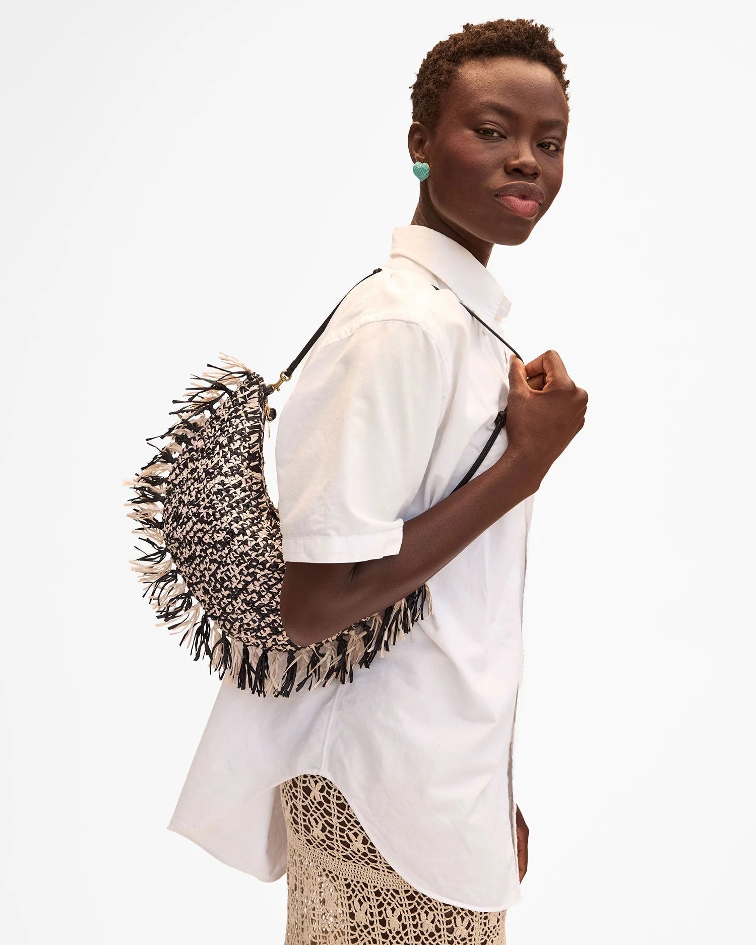 Lune Handbag - Black/Cream Raffia w/ Fringe